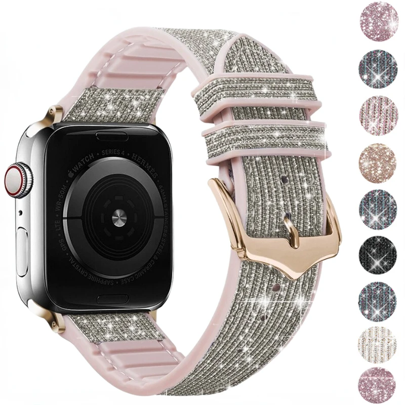 

Silicone+Leather Strap For Apple Watch 45mm 41mm 44mm 42mm 40mm Ladies diamond bracelet Band iWatch Series 8 7 6 5 4 3 SE Correa