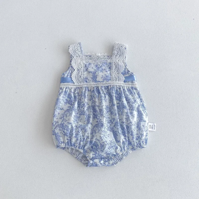 INS Summer Baby Girl Flower Romper 0-2Years Cute Newborn Infant Sleeveless Lace Cotton Bodysuit Bow One-Pieces Outfits Clothes