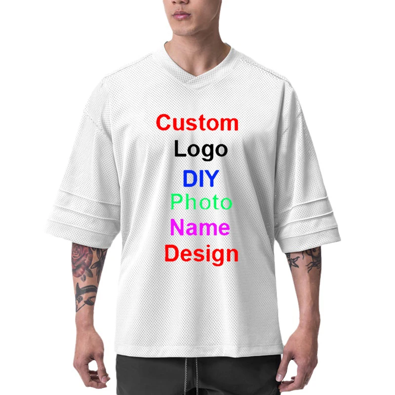 DIY Customized Brand Logo Oversized V Neck T Shirt Men Mesh Gym Clothing Dropped Shoulders Half Sleeve T-shirt Fitness Tee Shirt