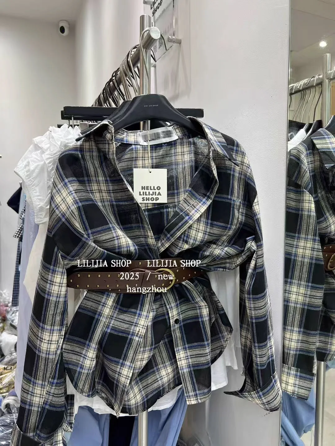 

Dongdaemun Spring Summer Plaid Sun Protection irt Long Sve Belted Slimming Top Korean Sle Commute Loose Fit Collar