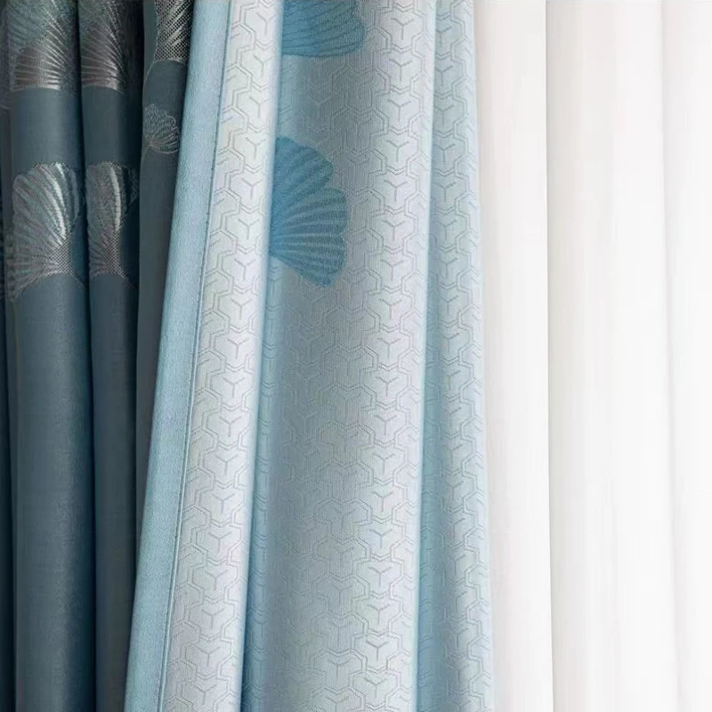 European Ginkgo Leaf Jacquard Curtains for Living Dining Room Bedroom Window Decor White Tulle Elegant Kitchen Window Decor