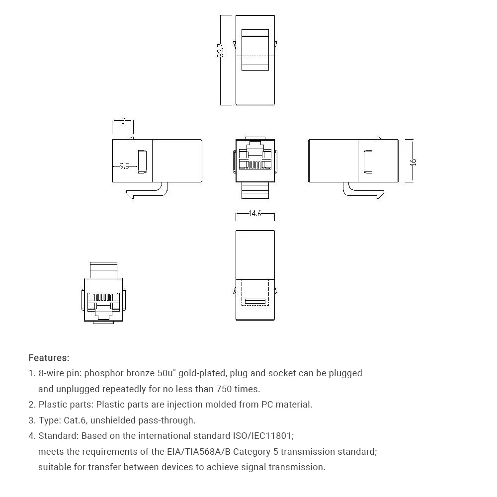 ZOERAX RJ45 Cat6 Cat5e Keystone Coupler, Female to Female Cat6 Cat5e Keystone Jack, UTP Keystone Coupler Insert, Black