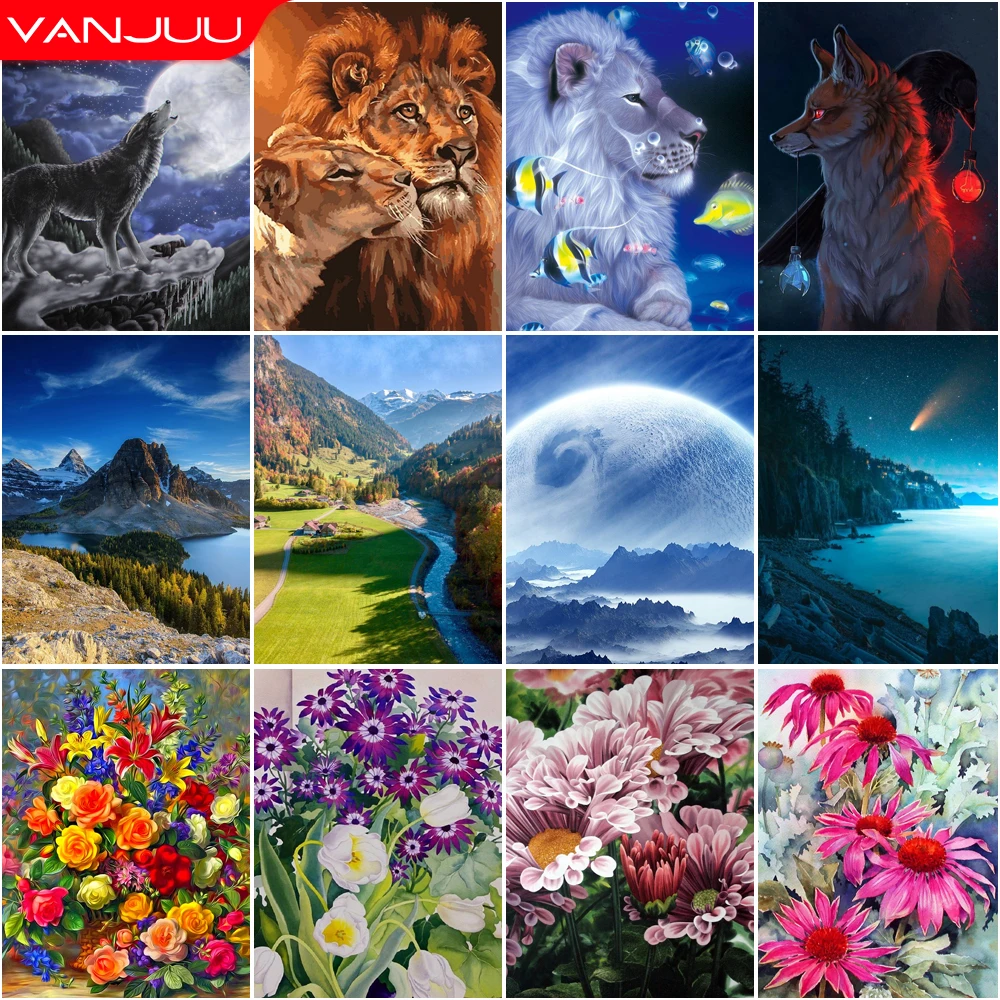 

Landscape 5D Diamond Painting Wolf Fox Flowers DIY Diamond Painting Art Mosaic Full Drill Diamond Embroidery Painting Home Decor