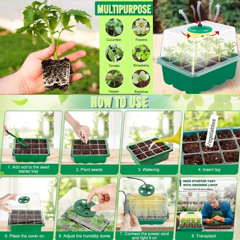 Caja de bandeja de inicio de semillas con luz LED para cultivo, maceta de vivero con temporizador, plantador de germinación de plántulas, Ventilación ajustable, humedad