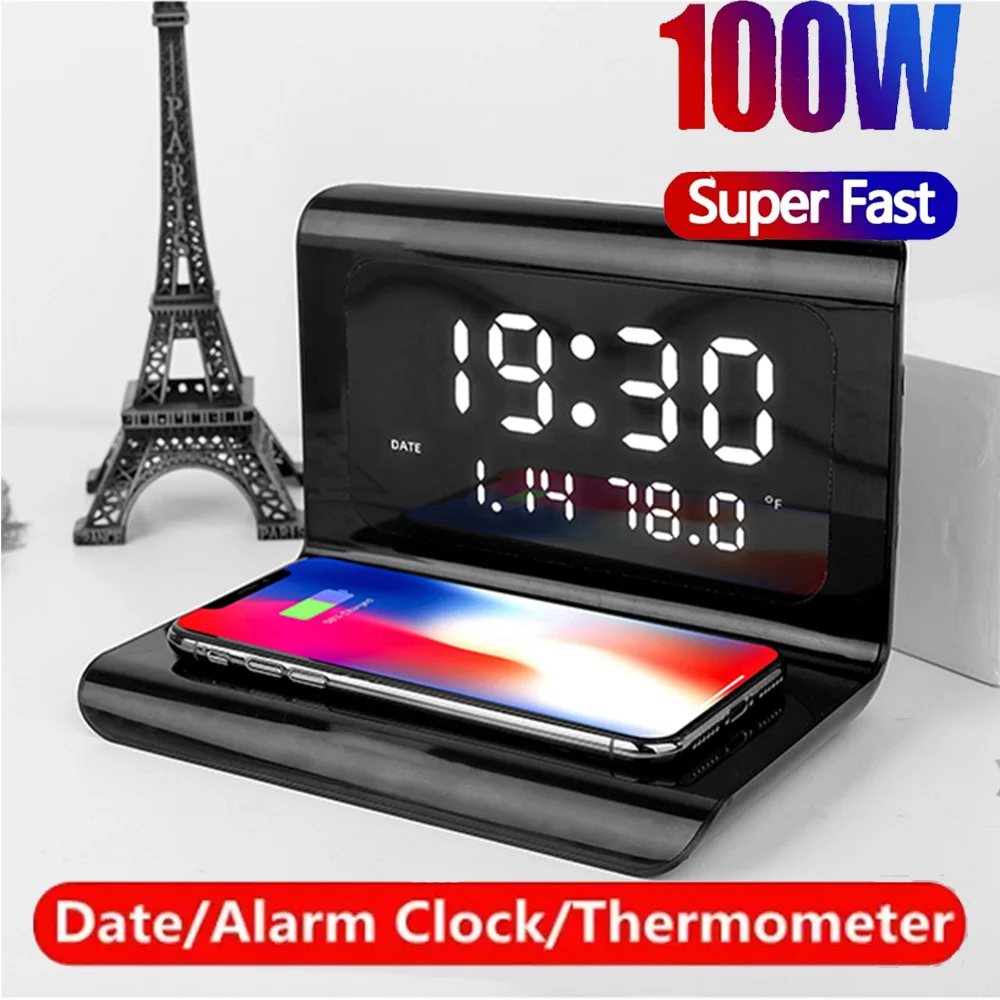 100W fast Wireless Charger Pad Stand with Alarm Clock Thermometer for iPhone 15 14 13 12 Xiaomi Samsung  Phone  Charging Station