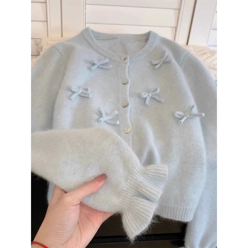 Sweet Cropped Knitted Cardigan Women Bow Sweater Outerwears Korean Fashion Long Sleeve Knitwear Winter Casual Jumpers Tops New