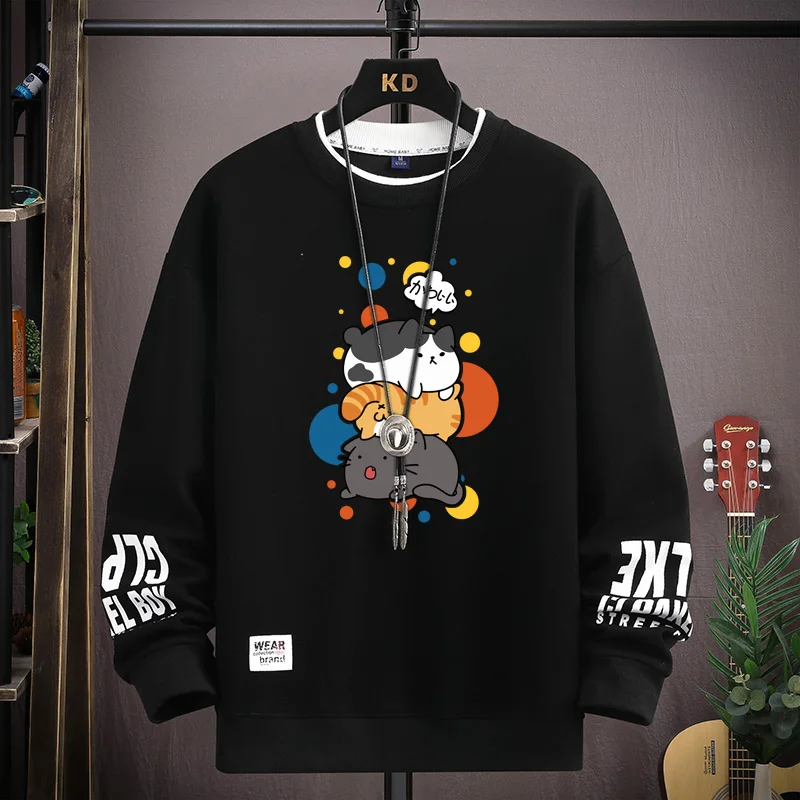 

JP Cartoon Men's Sweatshirt Hoodies Cute Cats Printed Long Sleeve T-shirt Fashion Men's Clothing Khaki O Neck Harajuku Top