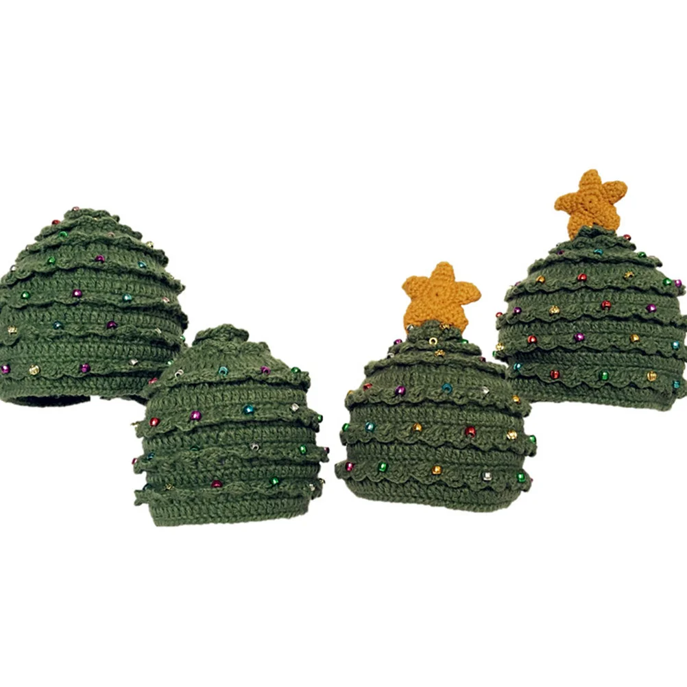 

Festive Christmas Tree Stars Crochet Hat Green Handmade Knit Winter Warm Accessory for Women Holiday Party Gift