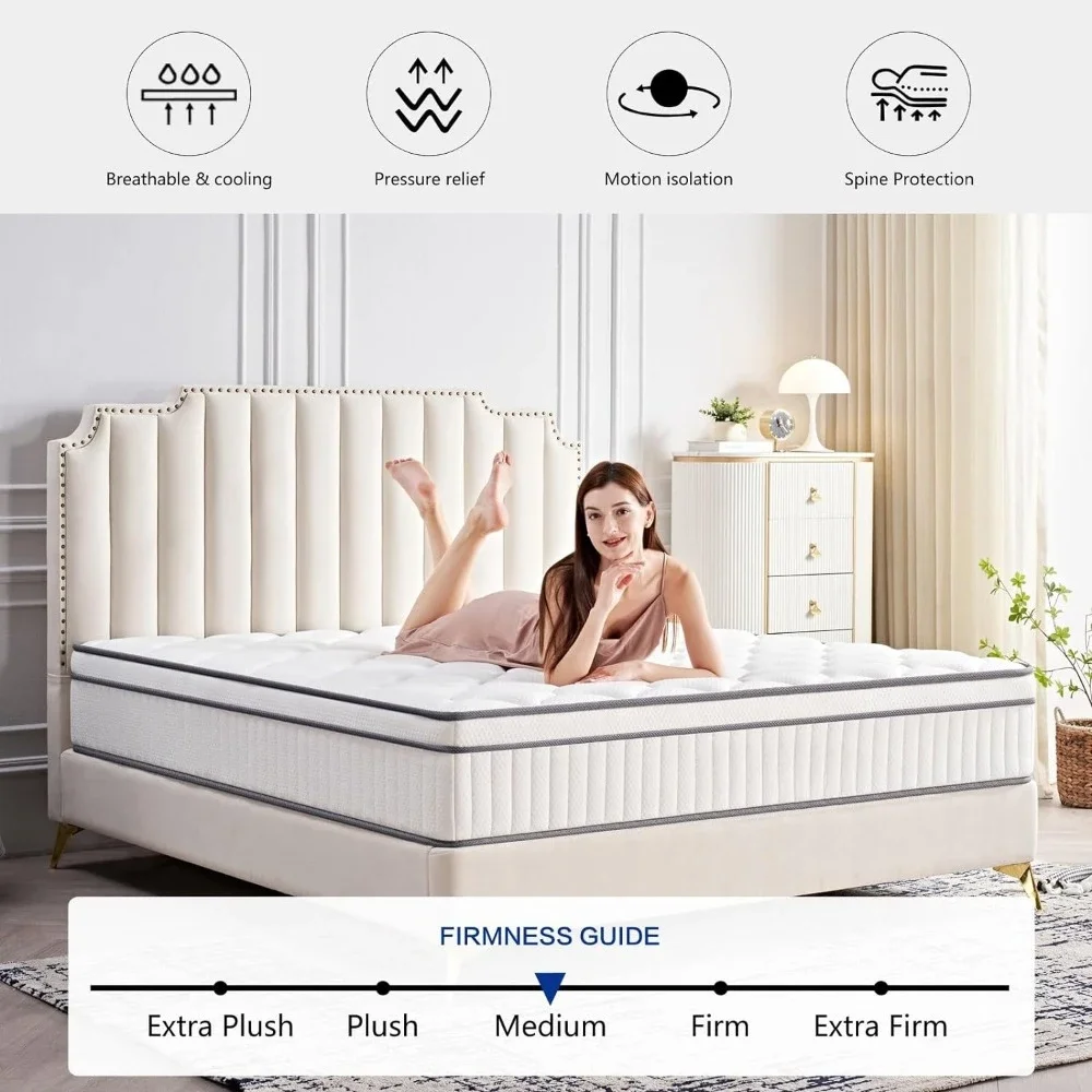 Queen size Mattresses 12 Inch, Individually Inner Spring Hybrid Mattresses, Medium Firm, Pressure Relief, Mattresses