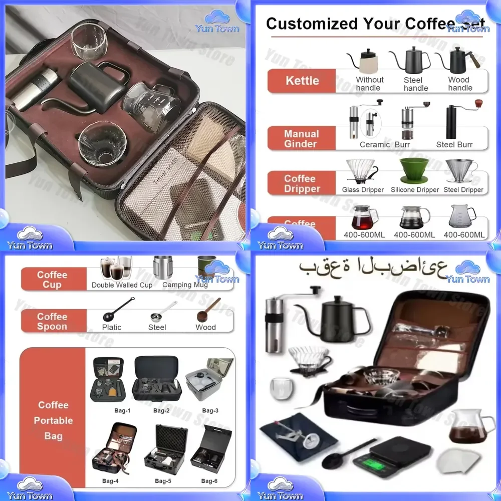 Manuelle Kaffeemühle mit Aufgusskanne und Wasserkessel für Outdoor, Reisen, Camping, Wandern, Rucksackreisen – Tragbares Pour-Over-Kaffee-Set