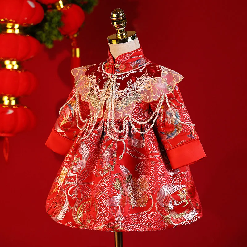 Little Princess First Birthday Dress2025Spring New Red Festive Hundred Days Birthday Banquet Traditional Chinese Tang Suit Qipao