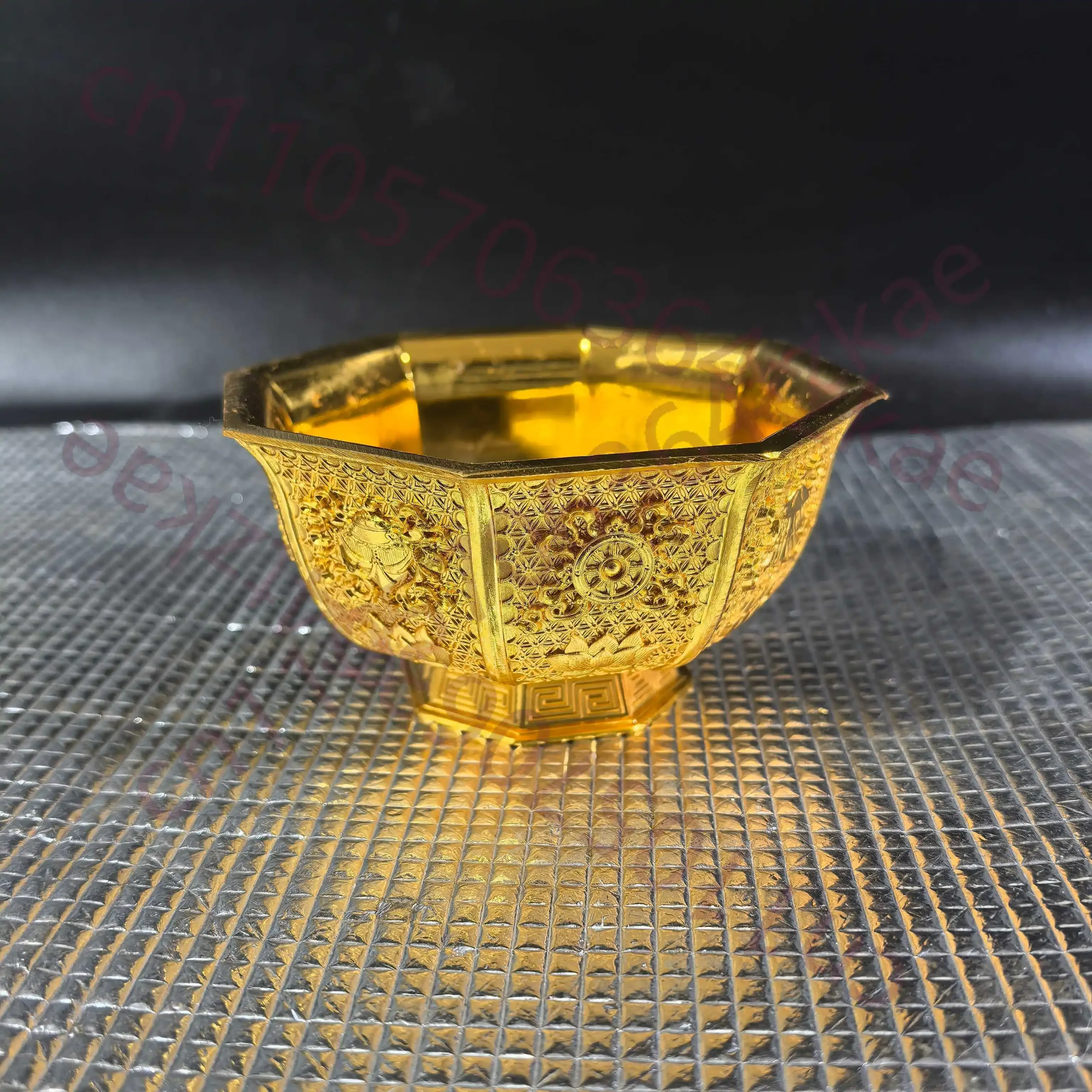 Chinese Folk Collection of copper Eight auspicious octagonal gold colored bowl Tibetan Ornament  for living room