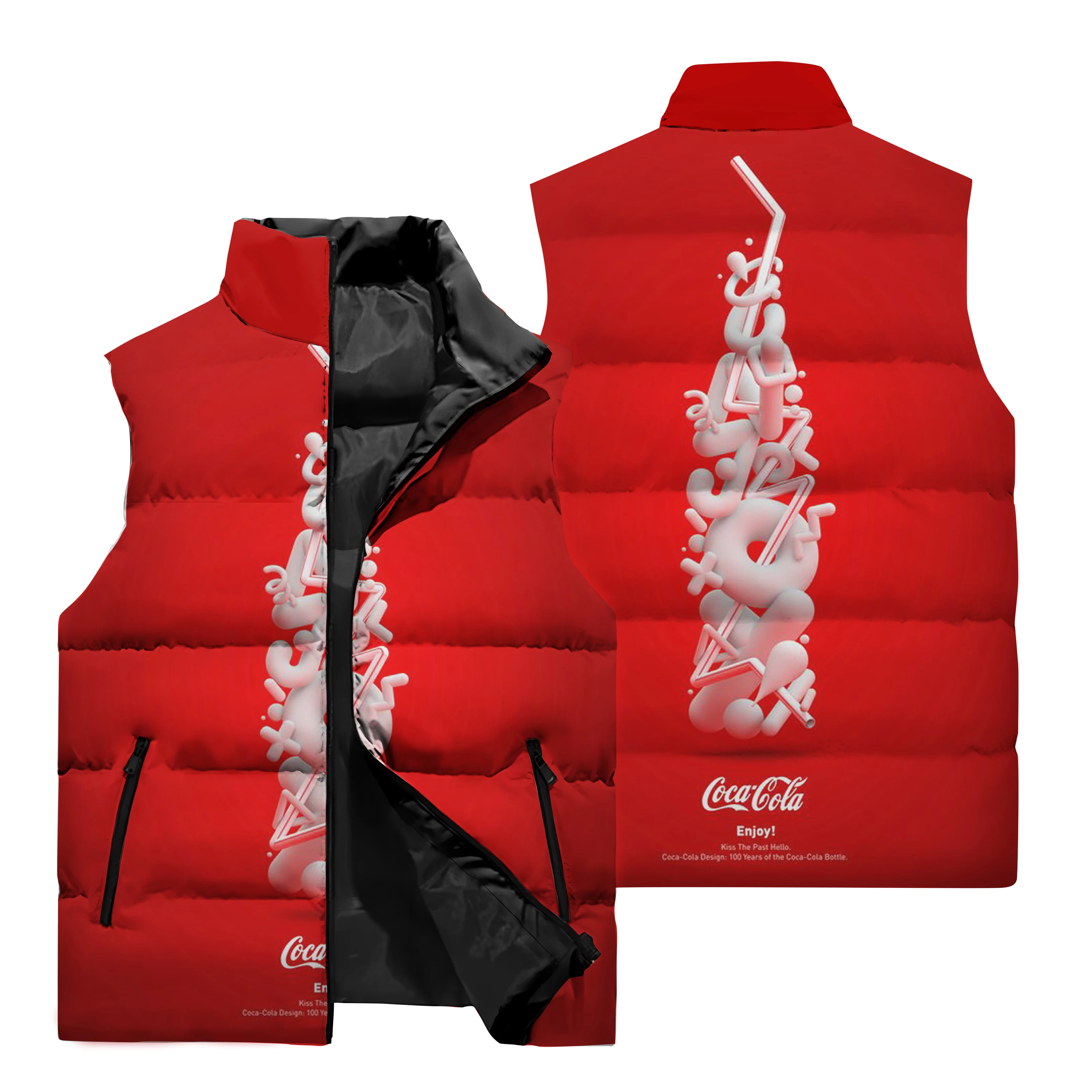 New 3D Coca-Cola Printed Men\'s Sleeveless Jacket Outdoor Sports Running Windproof Coat Men\'s Casual Stand-up Collar Zipper Vest