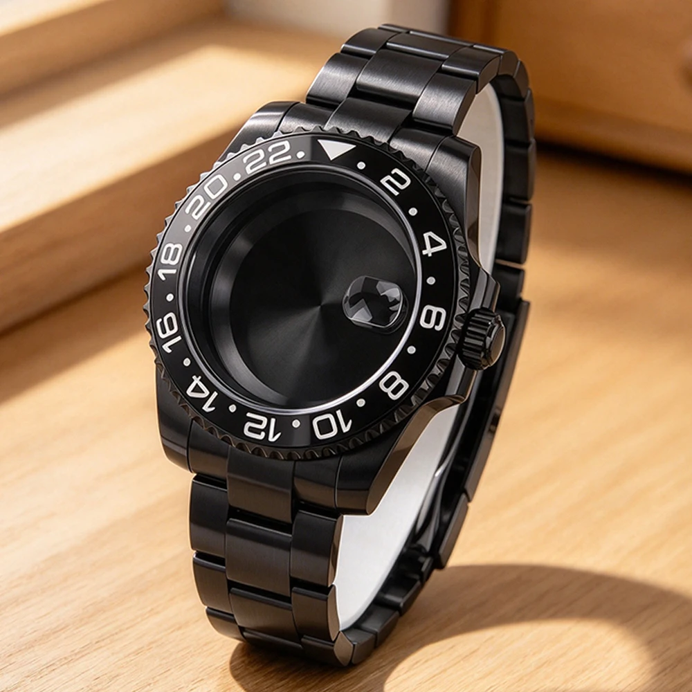 Fashion 40MM Black Watch Case Part 316L Steel Strap For GMT NH35 NH36 NH38/34 Miyota8215 ETA2824 Movt Sapphire Glass Black Bezel
