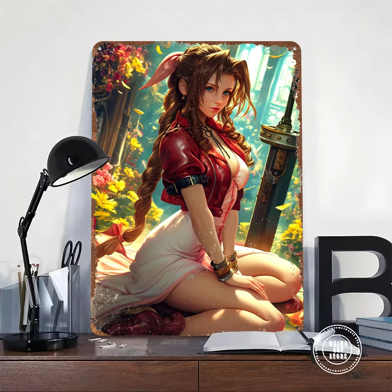 Aerith Gainsborough in a Floral Setting Tin Poster Customized Wall Art Retro Vintage Metal Signs for Fans Room Home Decorations