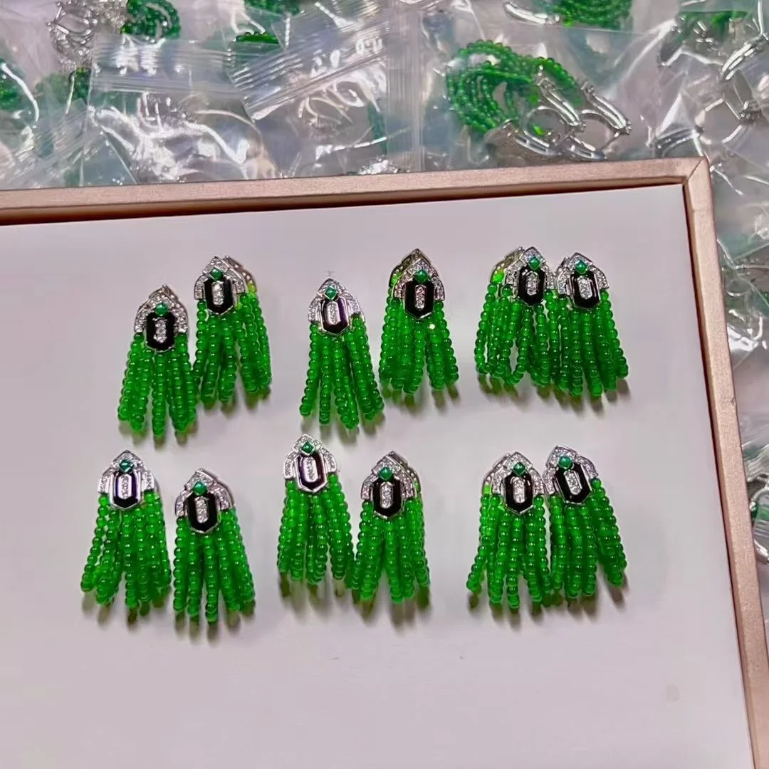 Certified 925 Sterling Silver Natural Type A Jadeite 2.3mm Huggie Earring Luxury Multiple Mini Bead Tassel Ear Drop Fine Jewelry