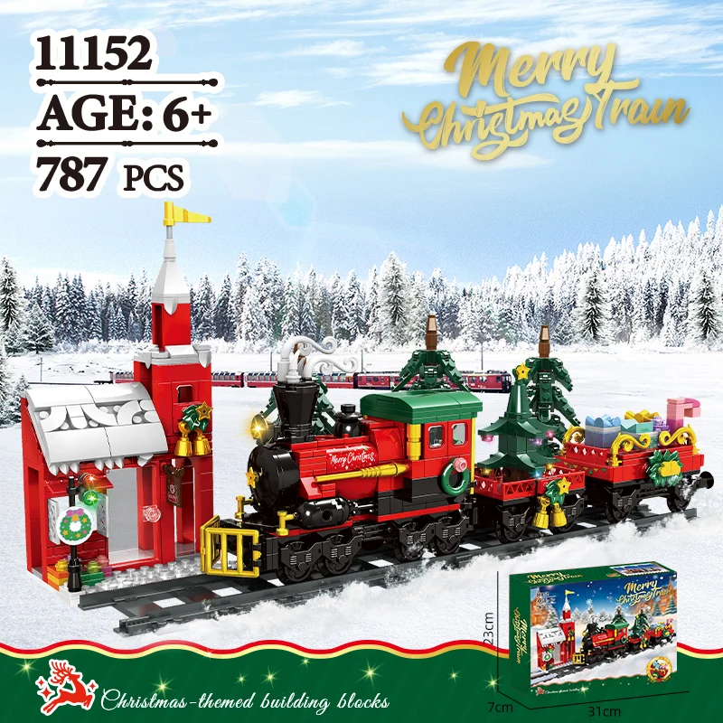  WOMA Christmas Train Building Blocks with DIY Track Santa Claus Tree House Bricks Toys for Kids Xmas Gifts