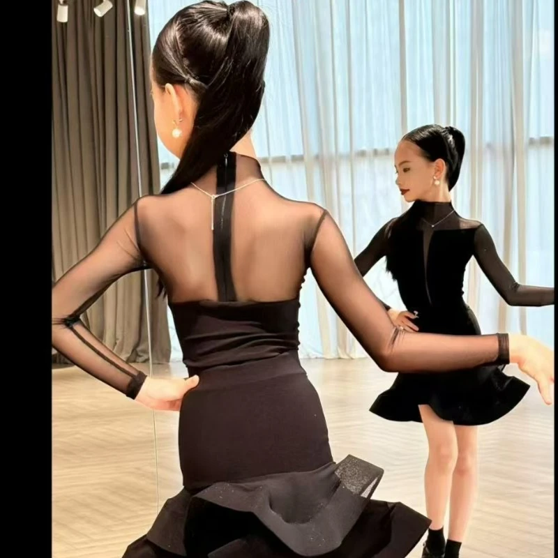 أسود اللاتينية الرقص فستان محكم من عند الصدر ويتدلى بشكل واسع للفتيات عالية الرقبة طويلة الأكمام شبكة 2 قطعة تنورة Chird تشا تشا رومبا أداء التدريب زي #3