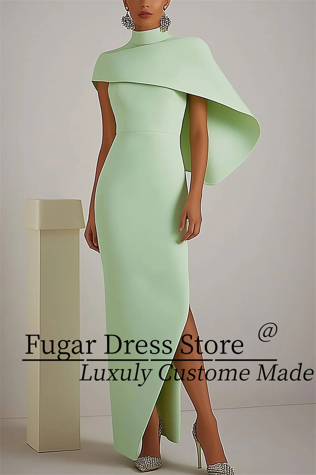 

TIANTIAN Customized Sage Green Chic Party Wedding Prom Dress High Neck Cape Asymmetric Maxi Dress robes de soirée