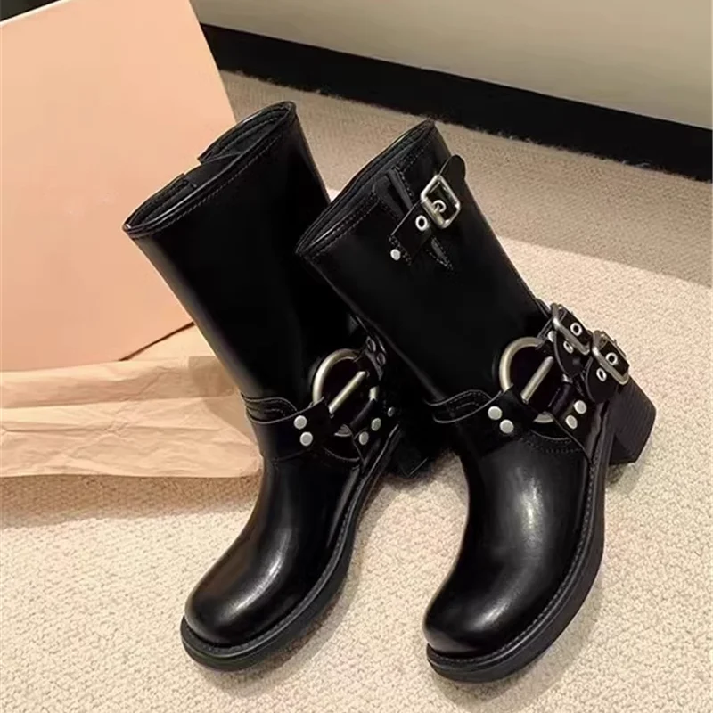 Buckle Biker Boot Leather Women Shoes Block Chunky Heels Motorcycle boots Metal Runway Botines Chelsea Short Black Brown Booties