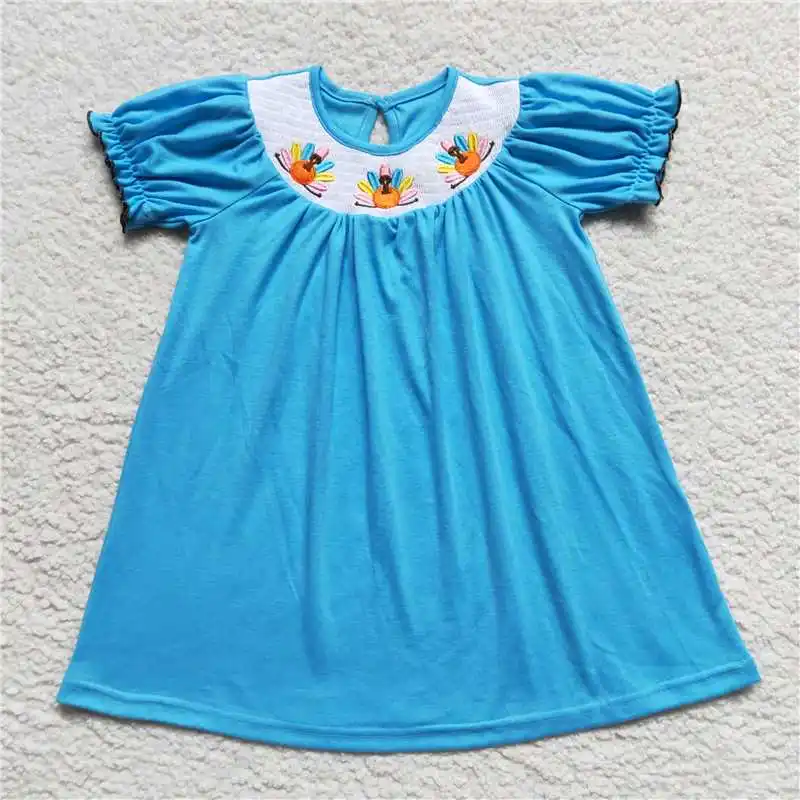 

Wholesale Girls Summer Short Sleeve Thanksgiving Dress Pattern Embroidery Elements Christmas Tree Round Neck