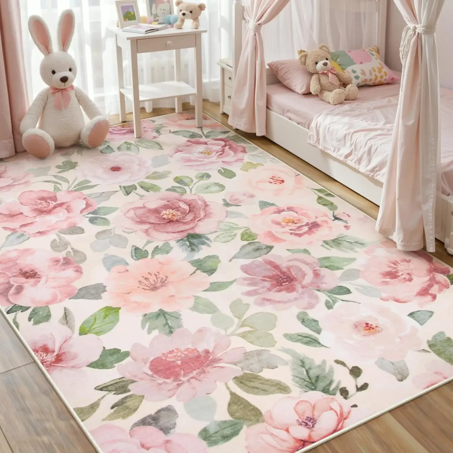 Pink Peony Flower Pattern Carpet Pink Soft Washable Floor Mat Bedroom Children's Room Nursery Garden Style Decorative Area Rug