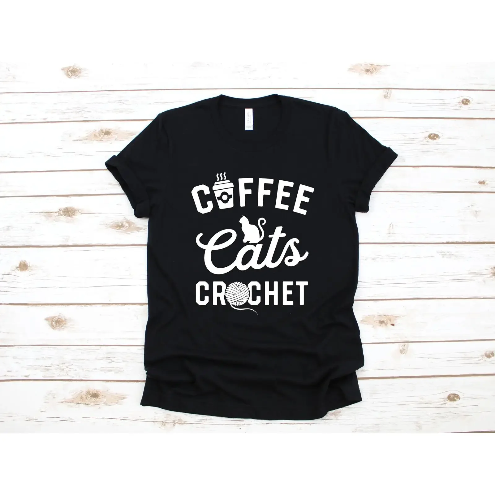 Coffee Cats CrocheT T Shirt Funny Crocheting Knitter Long Sleeve Sewing SweaT  vintage Washed designer clothes fashion Casual