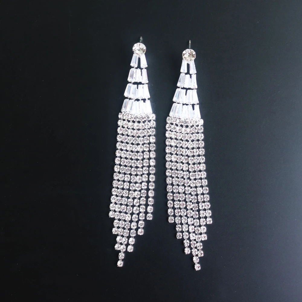 Bohemia Rhinestone Long Tassel Earrings For Women Elegant Big Crystal Drop Dangle Earrings Wedding Earring Jewelry Accessories