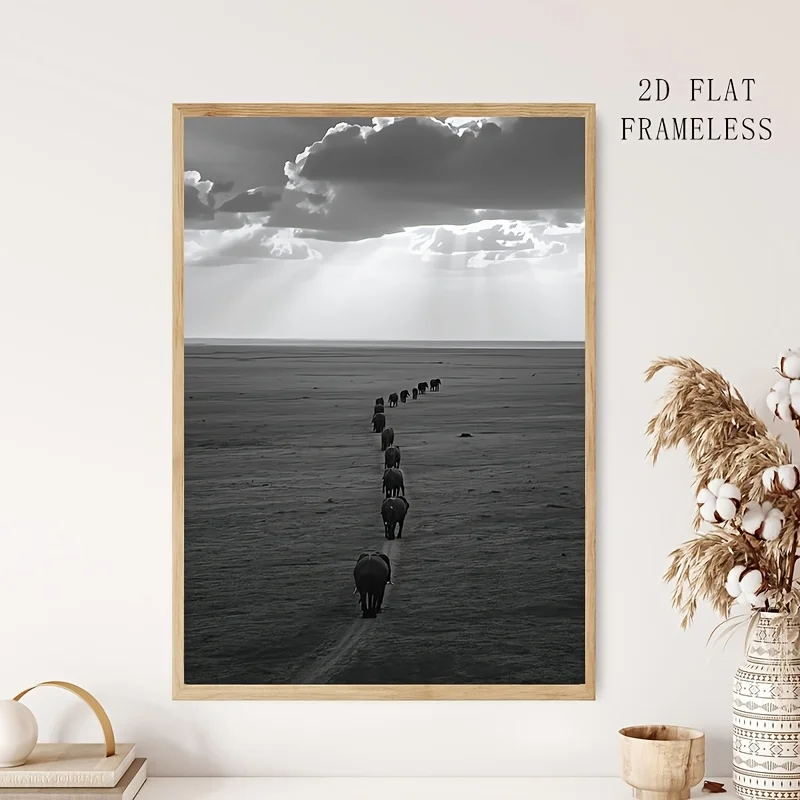 2D Flat, 1pc, 2D Flat, No Frame, Multiple Sizes, Canvas Painting; Elephant Herd Photography: Minimalist Wildlife Art; Interes