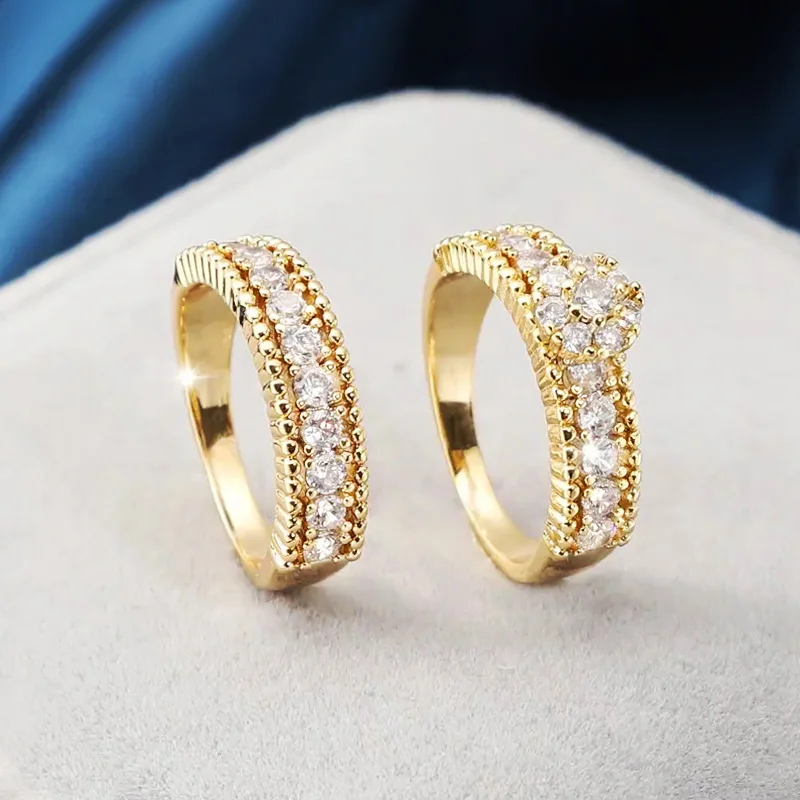 Huitan Trendy Golden Color 2PC Bridal Ring Sets Female Wedding Ceremony Accessories with Bright Zirconia Fashion Luxury Jewelry