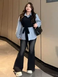 플러스 사이즈 하이웨이스트 벨보텀 청바지 여성용 신축성 있는 플리스 트림 빈티지 스타일 슬리밍 디자인 한국 스타일 통근 청바지