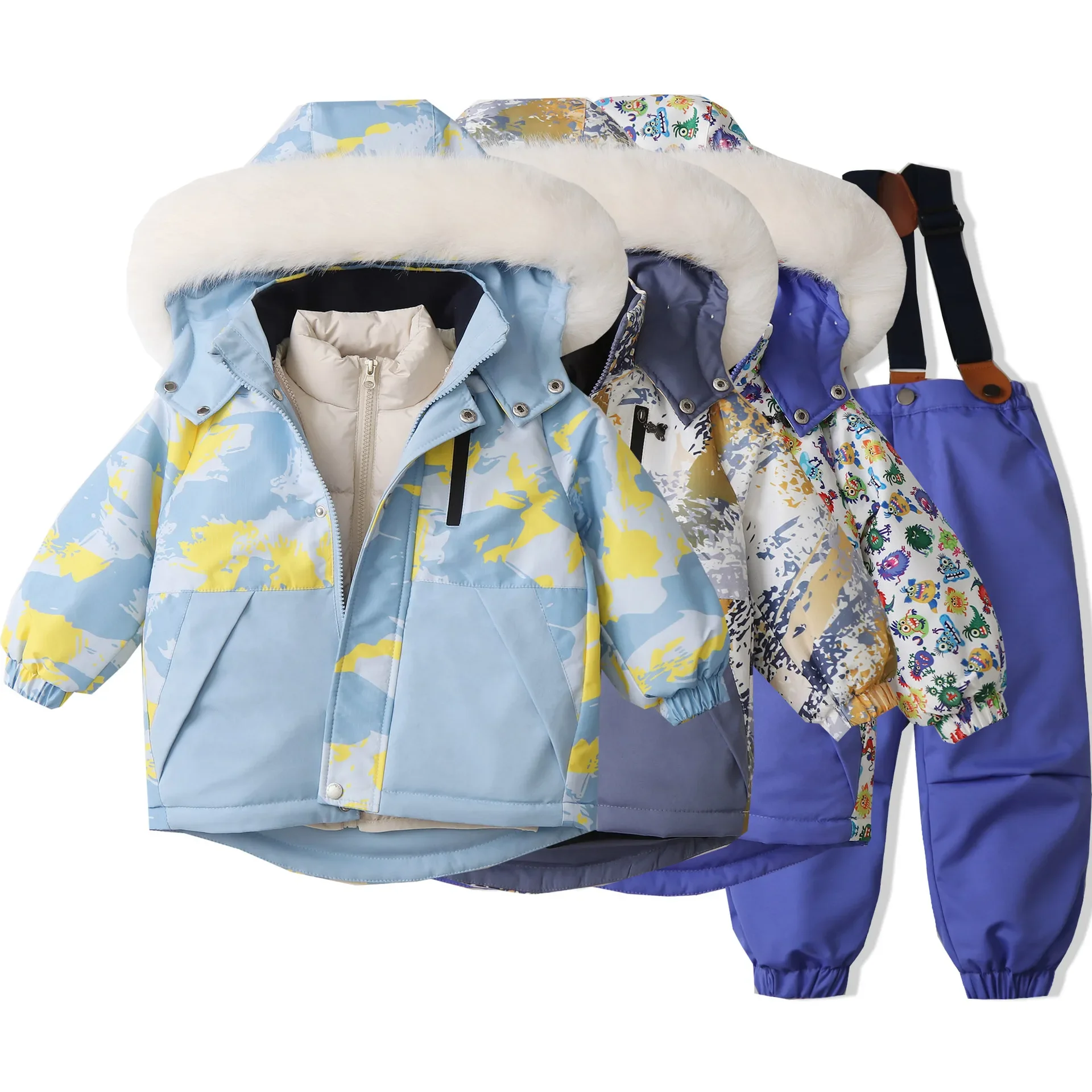 

Colorful Cotton-padded Children's Ski Suit Waterproof Set Girls Outing Suit 2024 Winter New Baby Jacket Vest Overalls 3pcs Set