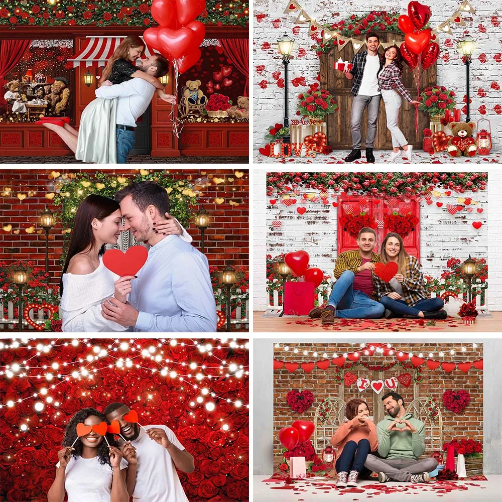 

Mocsicka Valentine's Day Red Rose Backdrop Love Heart Flowers Wall Toy Bear Background Decor Wedding Anniversary Party Photocall