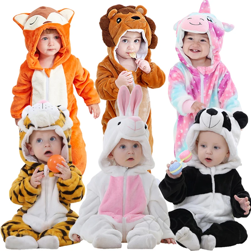 Baby Cartoon Rompers Winter Kigurumi Unicorn Panda Costumes For Girls Boys Toddler Animal Jumpsuit Infant Pyjamas Kids Onesies