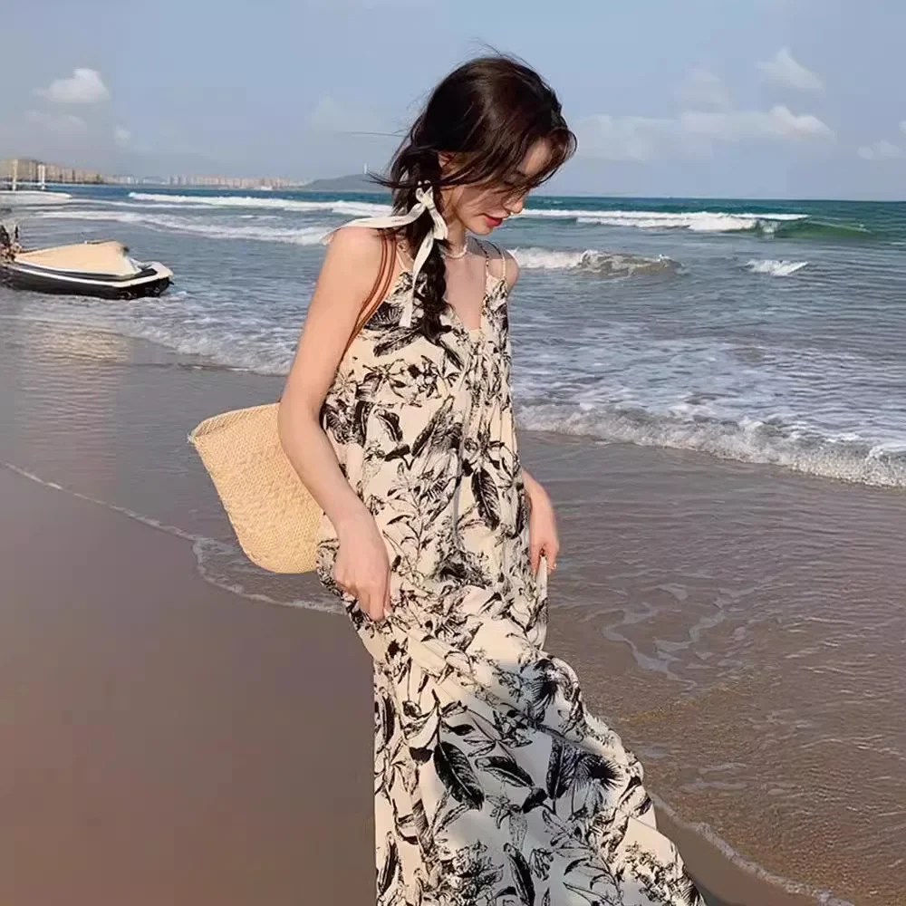 2025 ศิลปะหมึกดอกไม้ Sundress ภาษาฝรั่งเศสคําได้อย่างง่ายดาย Maxi Beach Dress ผู้หญิง Linen Blend Gallery รีสอร์ทสายรัดปรับ