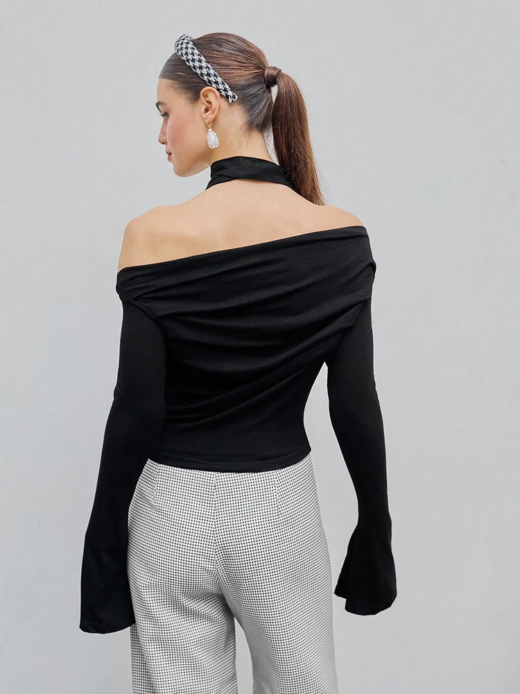 20242 new short long-sleeved tops autumn women\'s clothing off-shoulder halter neck decoration slim split sleeves ladies T-shirt