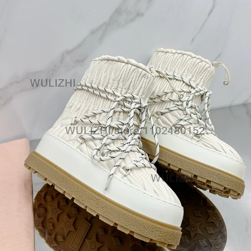 White Wrinkled Leather Fine Grain Boots Calf Women Platform Thick Sole Gray Lace Up Snow Boots Girls Winter Round Toe Plush Shoe