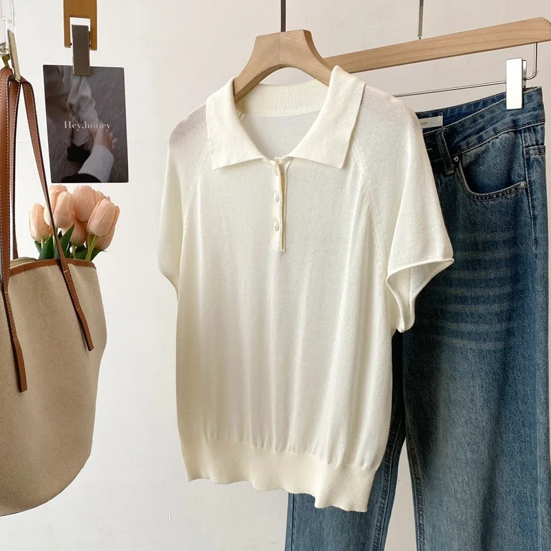 Dave&di 26 Summer New Product Simple French High Quality And Paper Yarn Collar Solid Color Short Sleeve Knitted Top