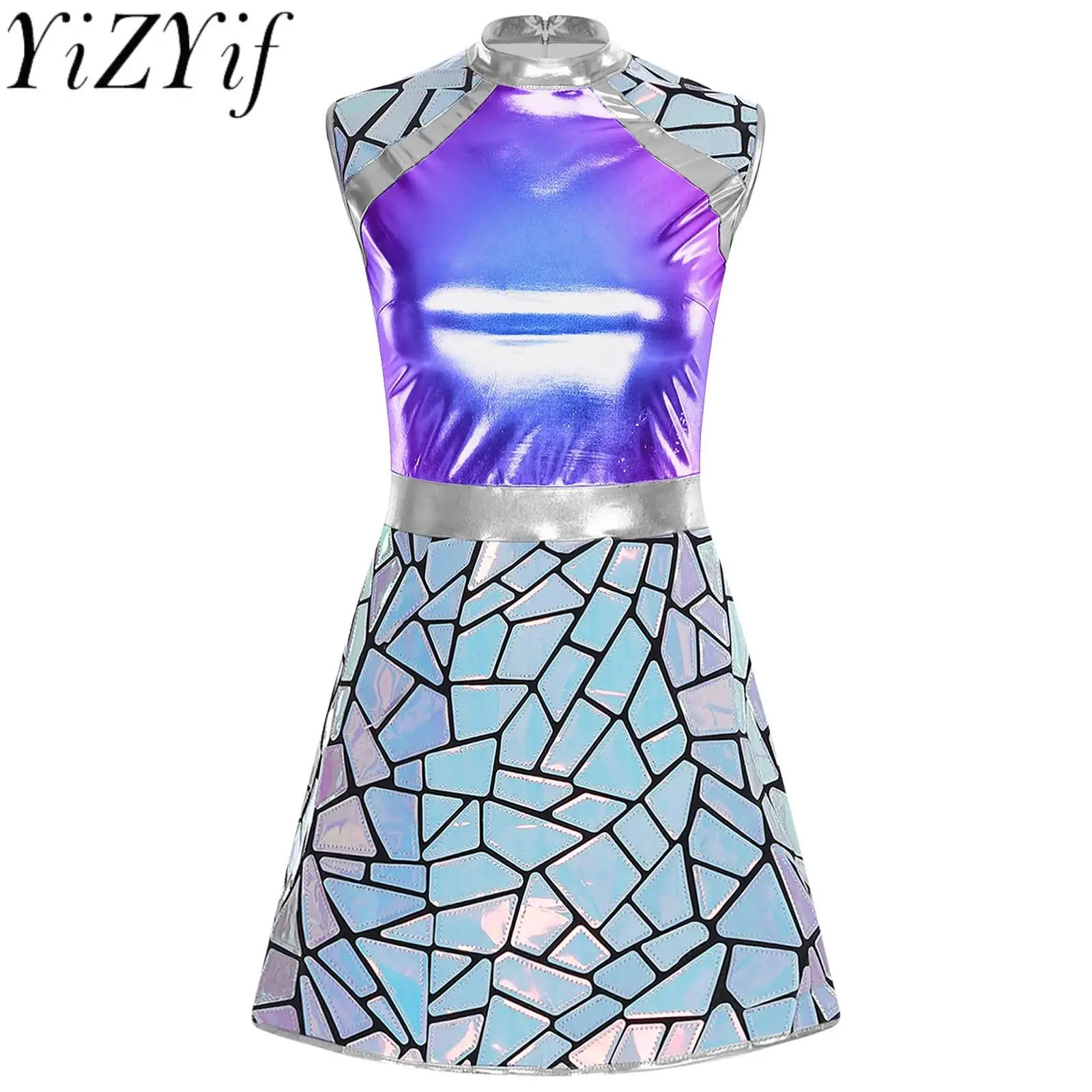 

Women Fashion Shiny Mirror Stylish Dress for Halloween Galaxy Traveler Outer Space Alien Astronaut Warrior Cosplay Dress Costume