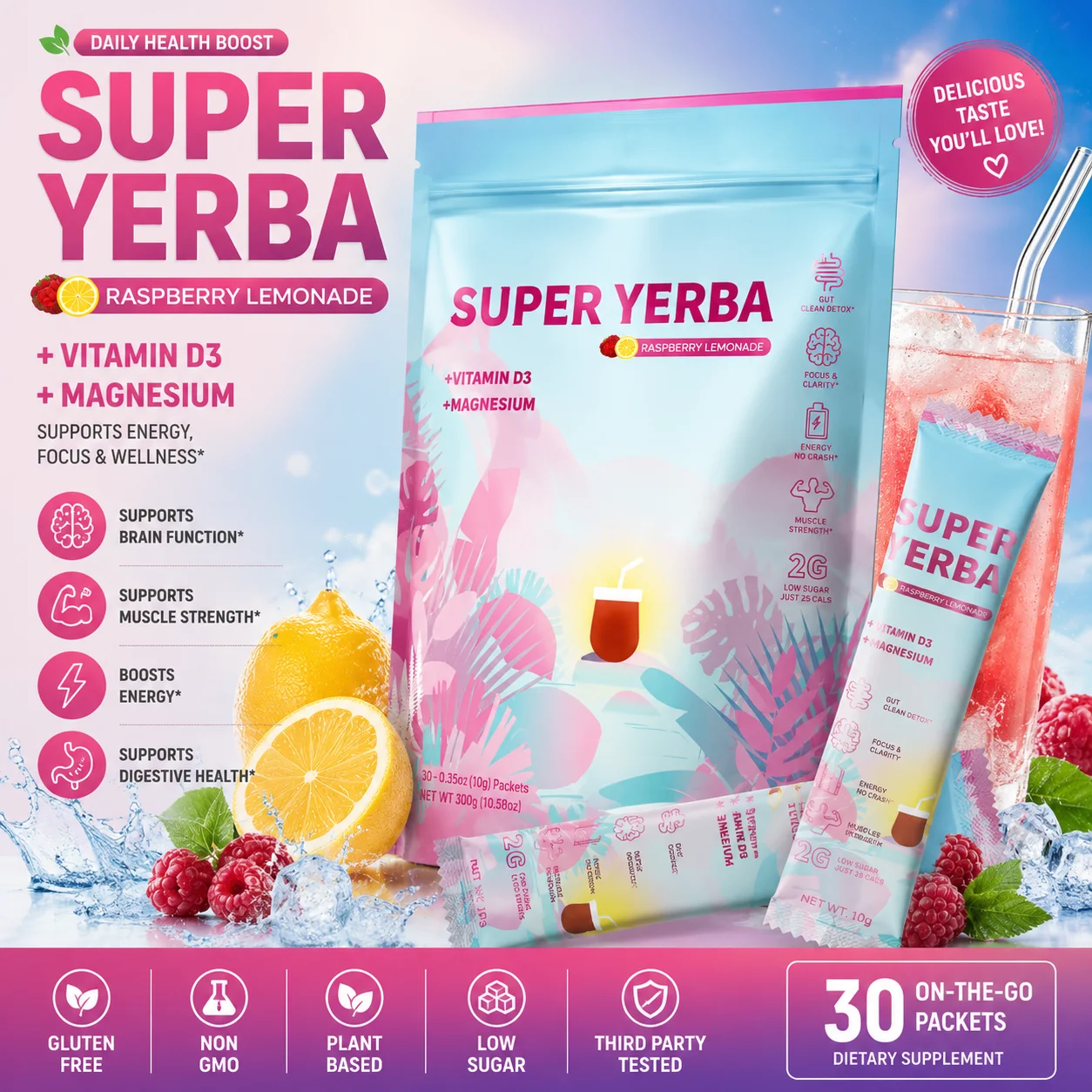 Raspberry Lemonade Supplement Mix Stick Packs with Vitamin D3 Magnesium Glycinate and Prebiotic Fiber Blend 30 Packets