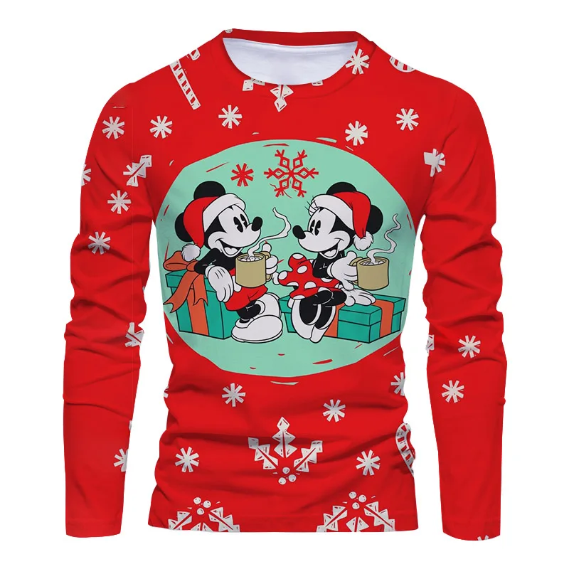 Fashionable and comfortable Christmas Mickey cartoon casual long-sleeved T-shirt 2024 new unisex long-sleeved T-shirt