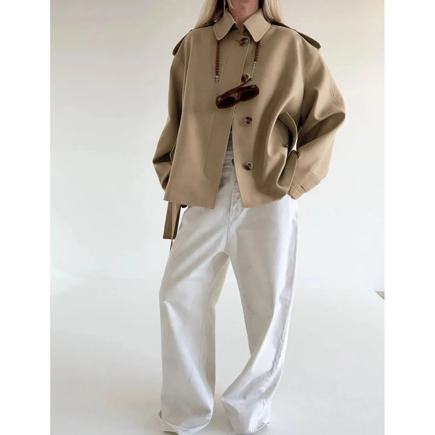 

Fall New Arrival Loose Fit Long Sve Turn-down Collar ort Coat Single Button Waist Belted Women's Faion Commute Sle