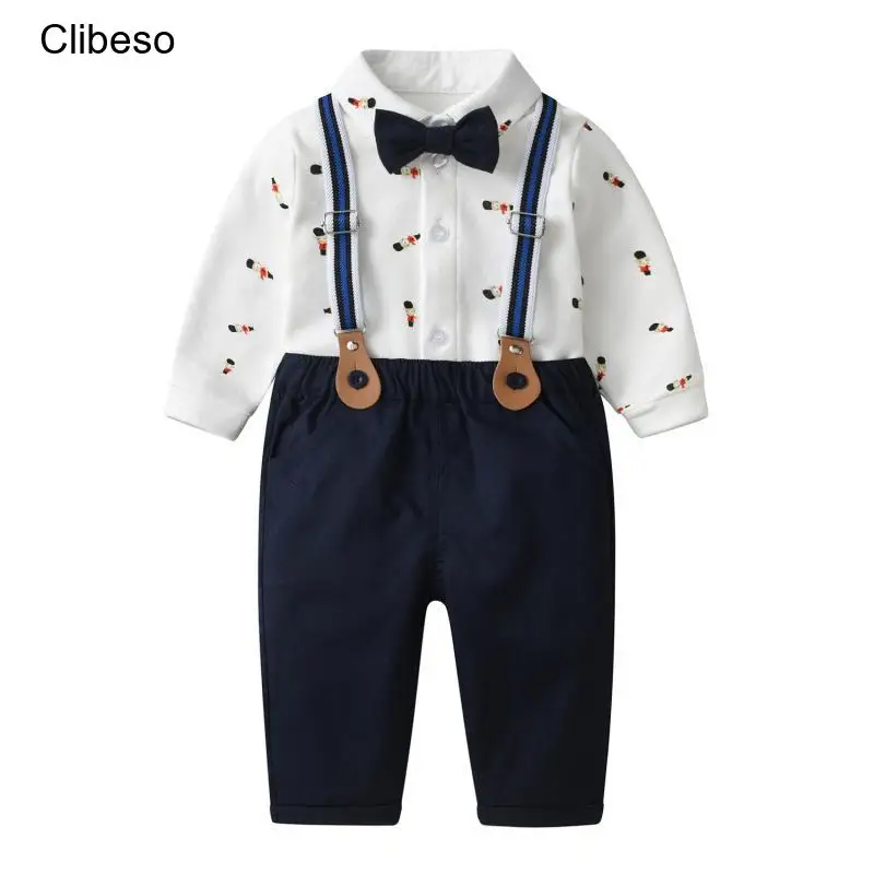 

2024 Clibeso Kids Boy First Birthday Cosumes Children Korean Fashion Cartoon Bear Printed Shirt With Bowknot + Suspender Pants