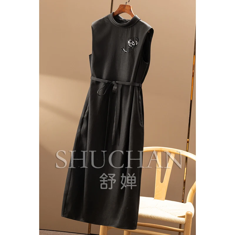 جديد أنيق جدا! فستان نسائي من الحرير الفرنسي G على الوجهين من الساتان والخرز المطرز بخصر بدون أكمام 0Y89