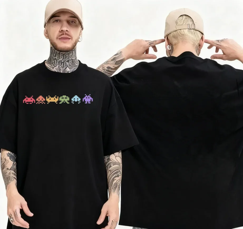 Camiseta Space Invaders Pixel Art Rainbow Aliens para hombre, camiseta de algodón puro, camiseta de manga corta con cuello redondo, idea de regalo, ropa
