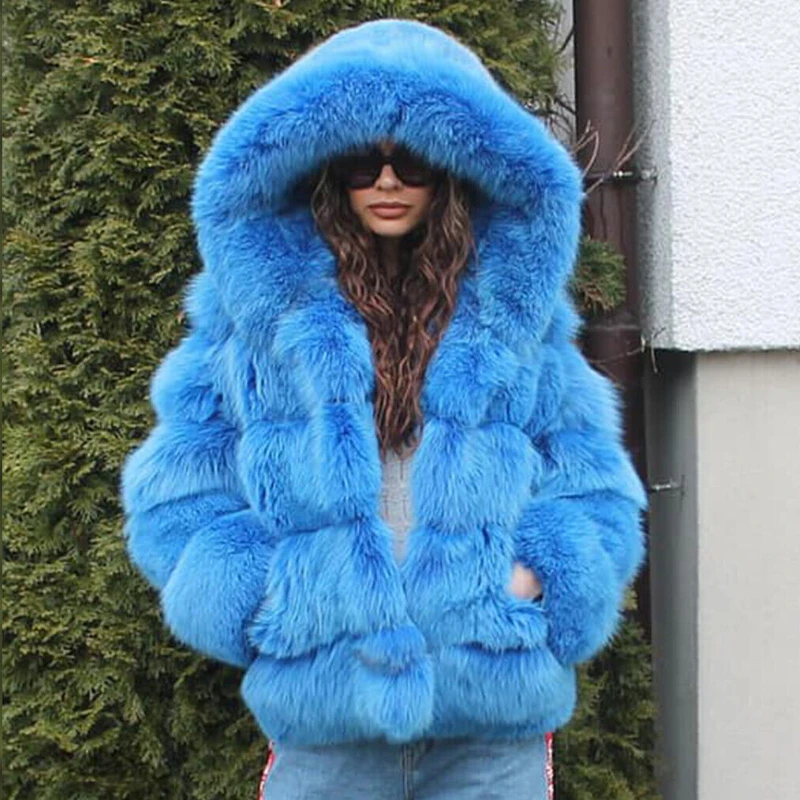 Nuove donne blu genuino cappotti di pelliccia di volpe moda causale pelliccia naturale con cappuccio giacche femminili inverno caldo vera pelliccia di volpe spessa cappotto