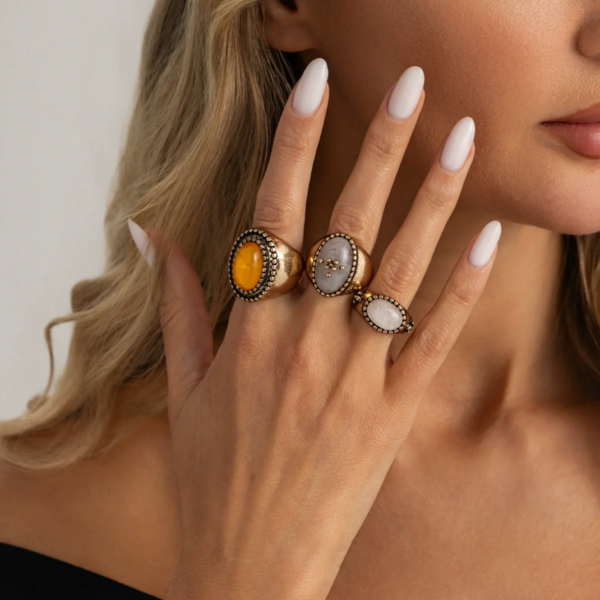 3PCS/SET Geometric Gold Metal Vintage Oval Resin Crystal Stone Rings Set for Women Girls Alloy Jewelry