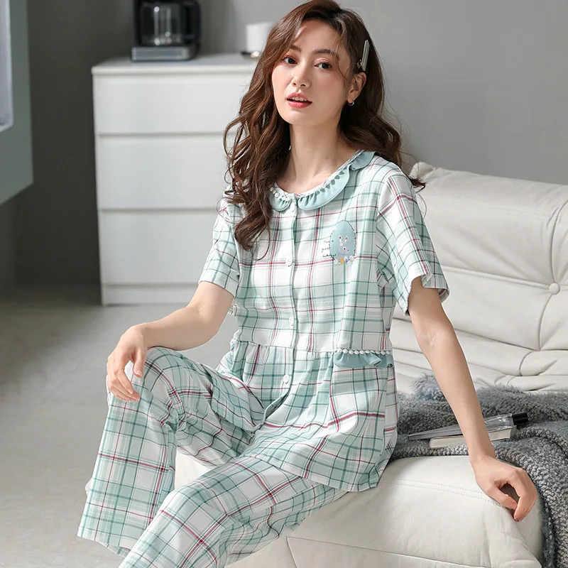 M-3XL Women's Pajamas Set Large Size Plaid Spring Summer Sleepwear Pyjamas Female Nightwear Cotton Home Wear Night-Clothes