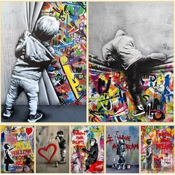 Street Graffiti Kid Banksy Style Poster Prints Boy Behind The Curtain Pop Art Canvas Painting Wall Pictures For Home Room Decor