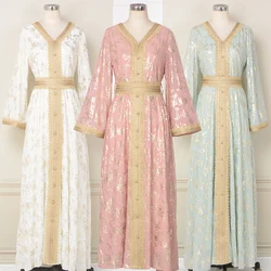 Ramadan Eid Evening Party Events Moroccan Women Kaftan Dress Dubai Islamic Clothes Muslim Abayas-Foil Print, V Neck, Braid Trim